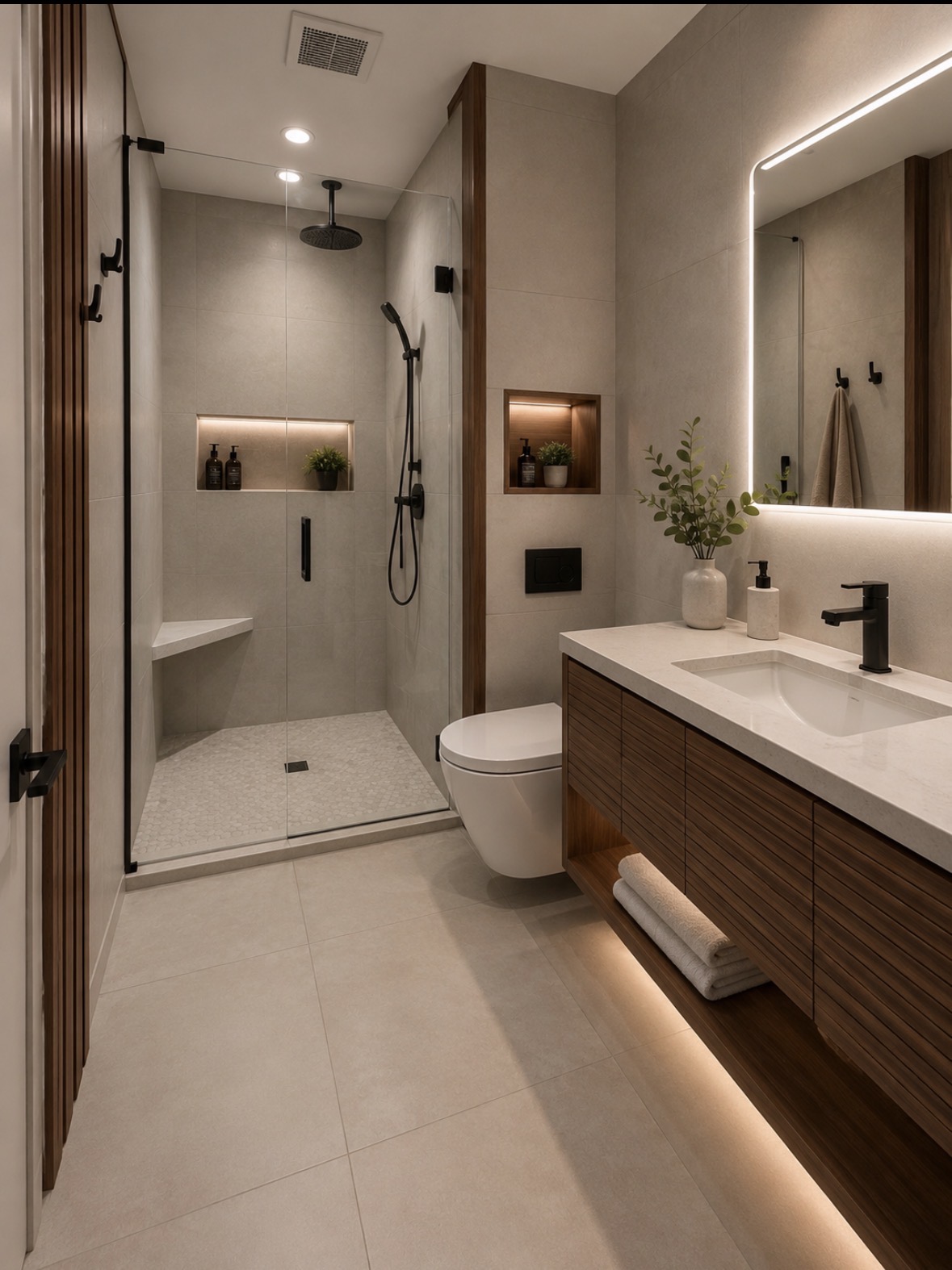 Ensuite bathroom renovation with walk-in glass shower, backlit mirror and wood vanity