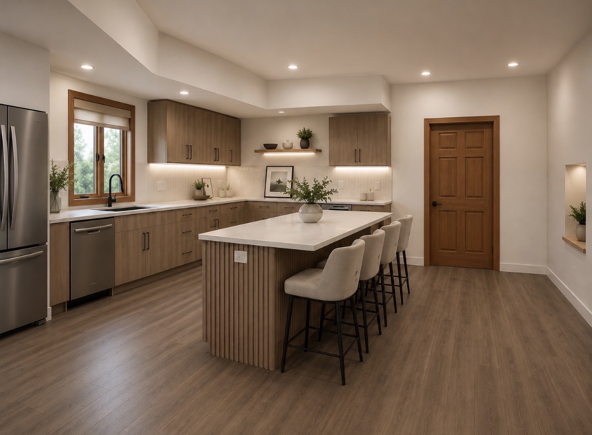 Modern kitchen renovation with custom island, wood cabinetry and recessed lighting