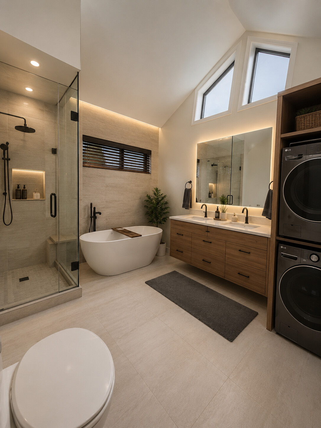 Primary bathroom renovation with glass shower, freestanding tub and backlit mirror