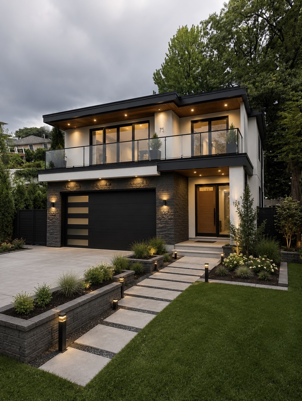 Modern two-story home exterior with stone accents and landscape lighting