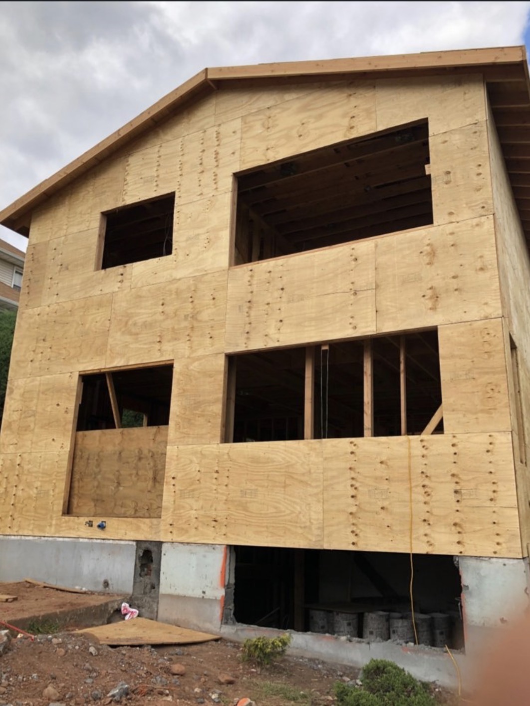 New construction exterior wall sheathing on a two-story addition