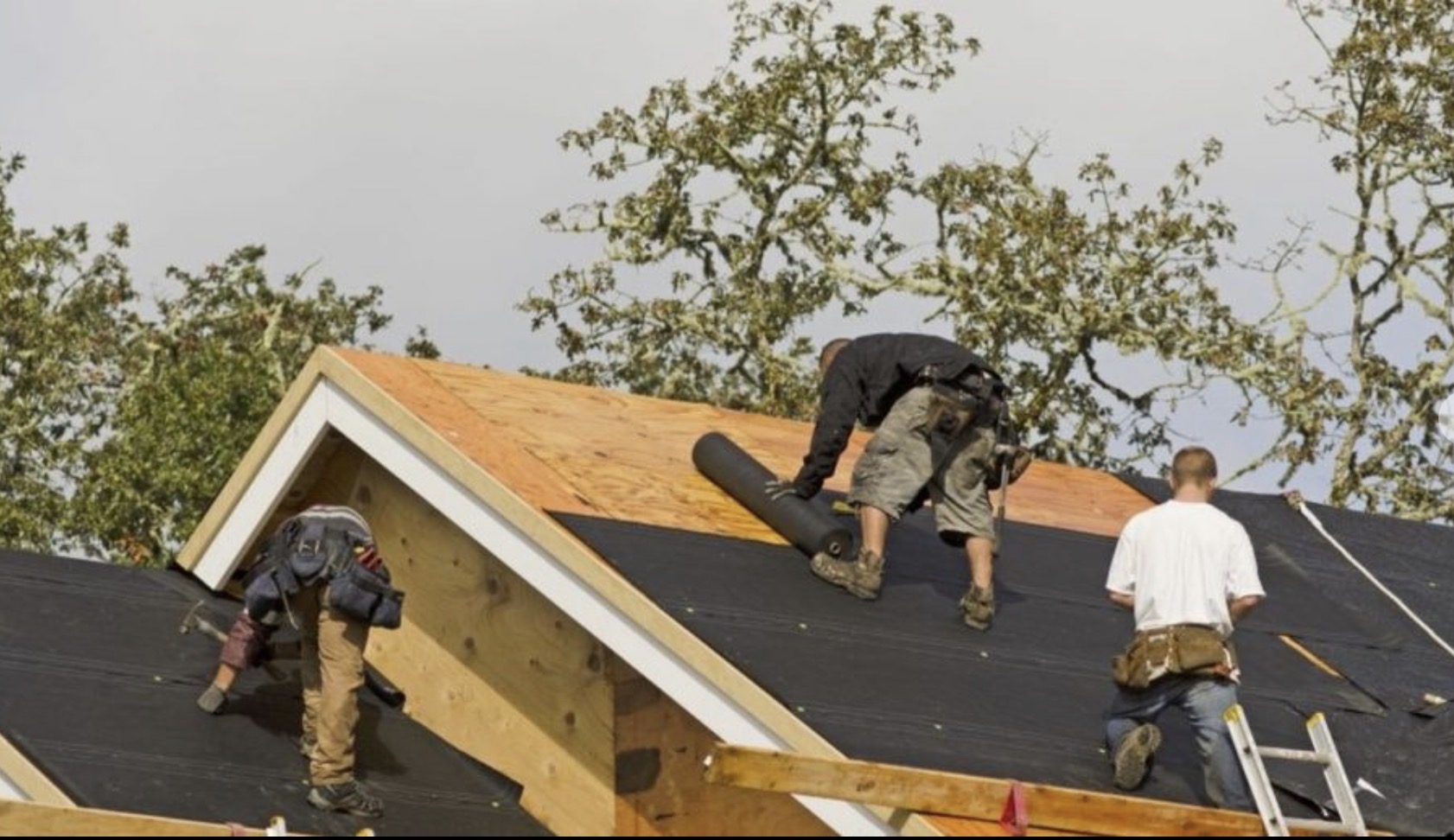 Roofing crew framing and sheathing a new roof